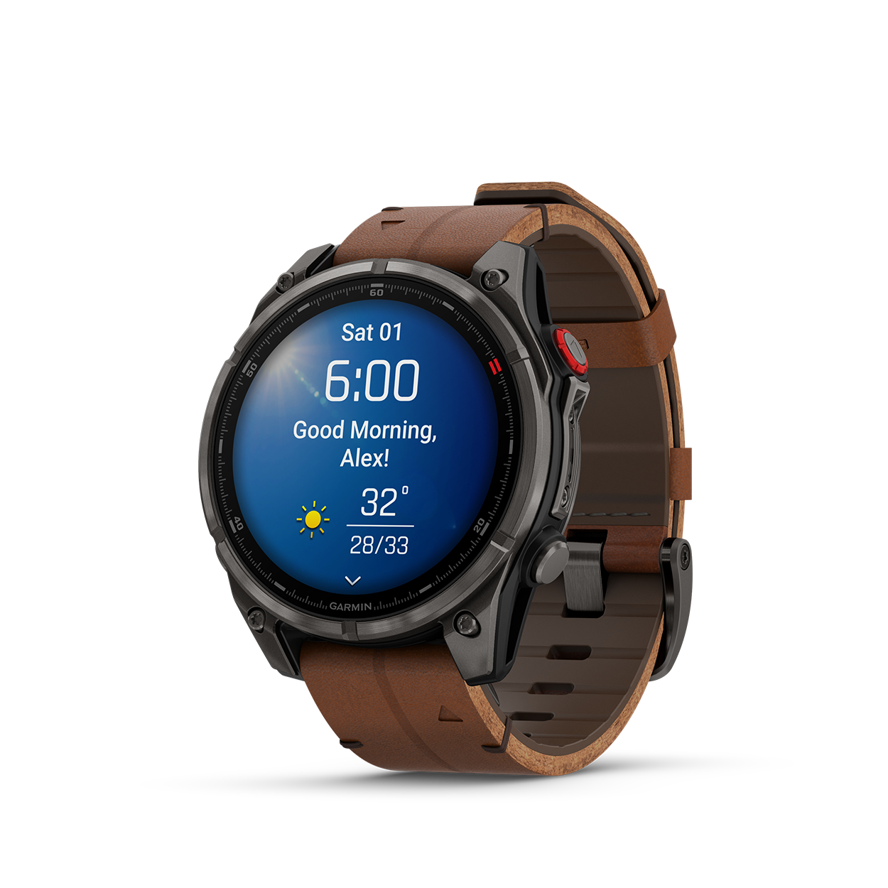 Fenix8Pro_47mm_Carbon_Leather_Front-Left_0007_F8_Pro_morning_report_clear_sunny