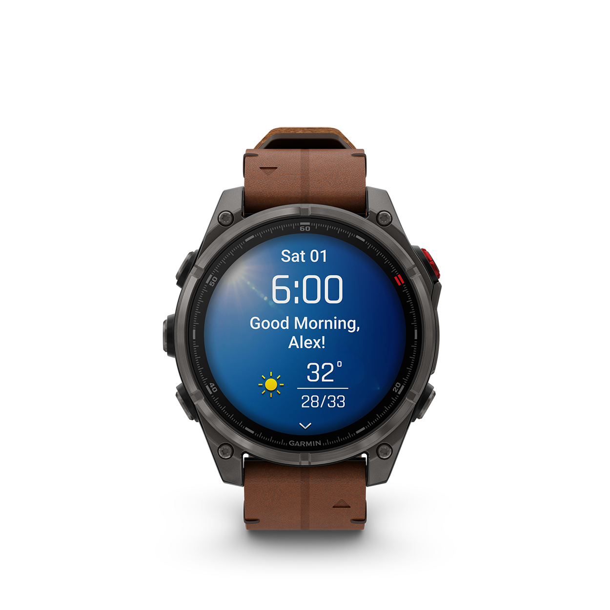 Fenix8Pro_47mm_Carbon_Leather_Front_0007_F8_Pro_morning_report_clear_sunny