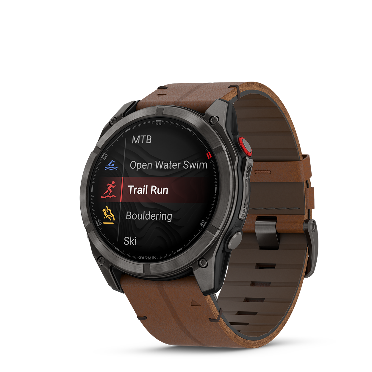 Fenix8Pro_51mm_Carbon_Leather_Front-left_0002_F8_Pro_activitylist_trail_run