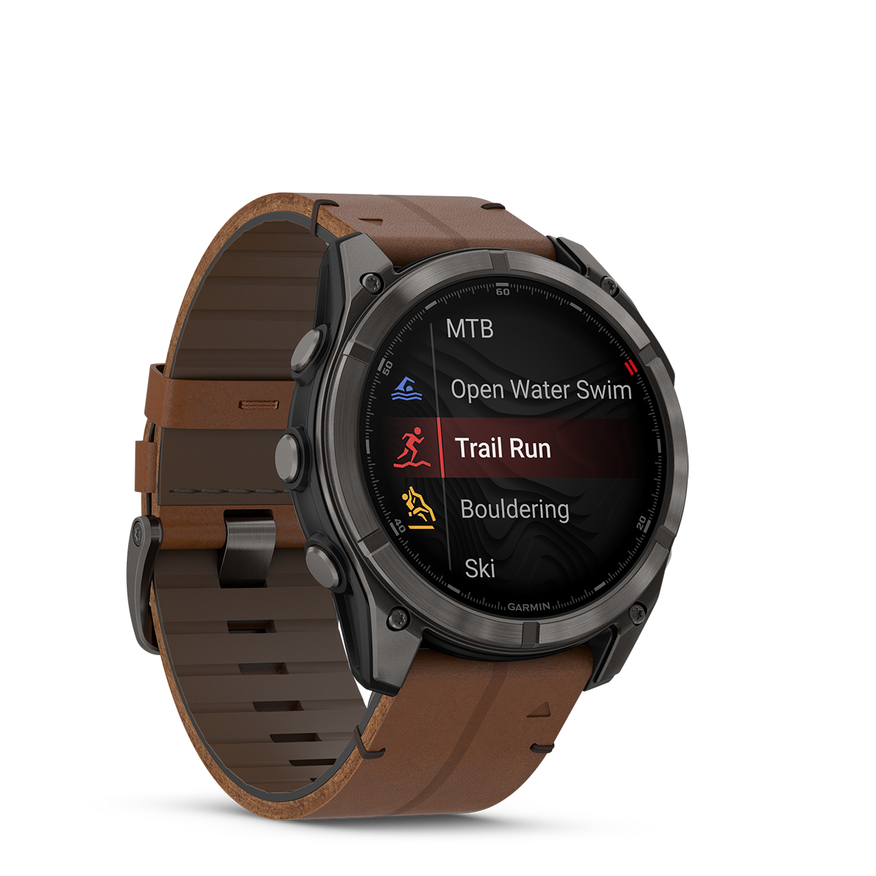 Fenix8Pro_51mm_Carbon_Leather_Front-right_0002_F8_Pro_activitylist_trail_run