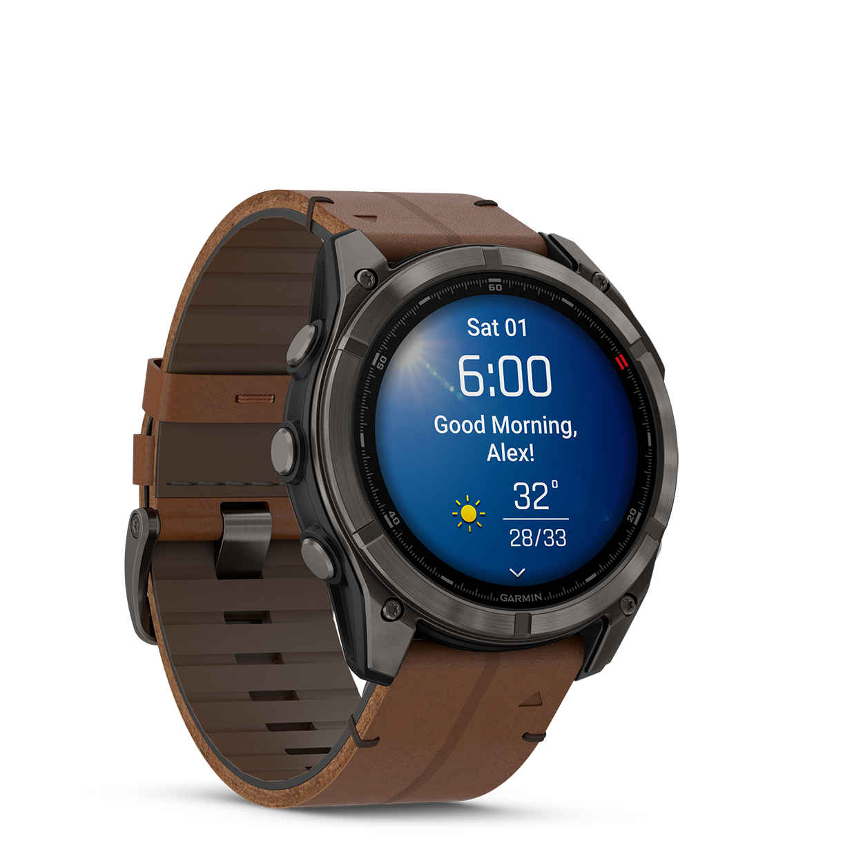 Fenix8Pro_51mm_Carbon_Leather_Front-right_0007_F8_Pro_morning_report_clear_sunny